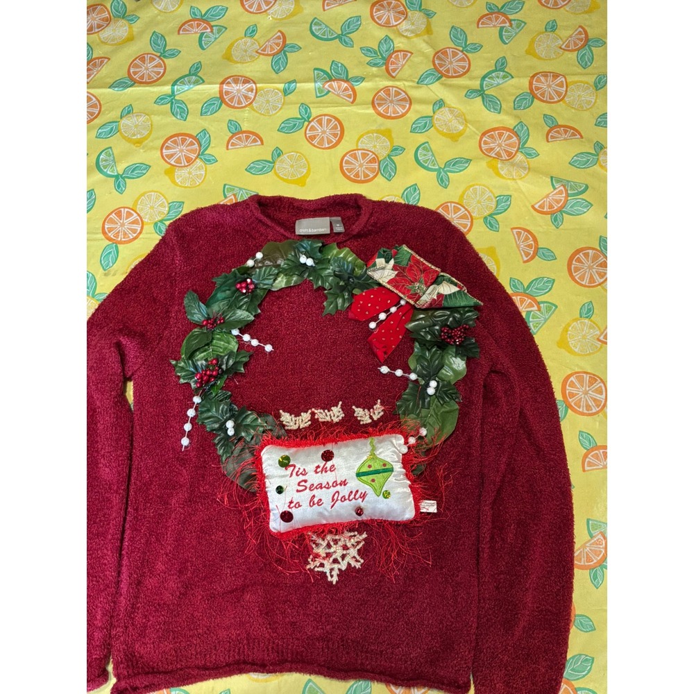 Ugly Christmas Women Croft &‎ Barrow 3D Wreath Sweater Medium Red